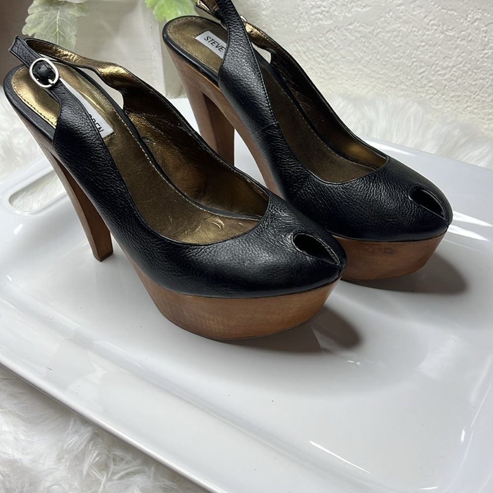 Stylish Black Leather& Wood Platform  Slingback Heels - Picture 11 of 12